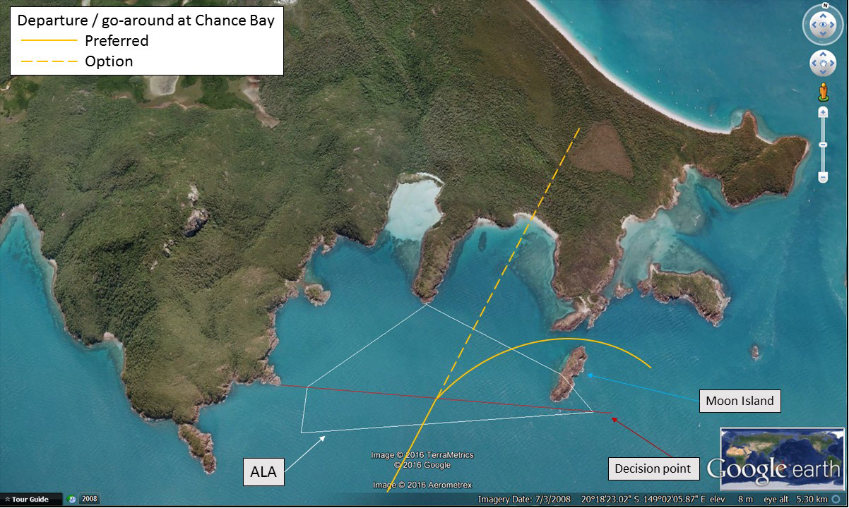 Figure 4: Typical approach path at Chance Bay showing preferred and optional departure and/or go-around path. Also noted is the location of the ALA boundary and the pilot defined decision point.    Source: Google Earth, modified by the ATSB