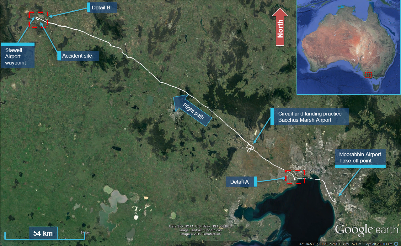 Figure 1: Aircraft’s flight path and accident site location.<br />
Source: Google Earth, modified by the ATSB