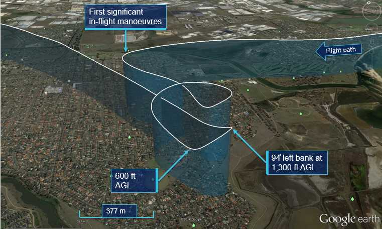 Figure 2: Detail A – Recorded data of the aircraft flight path over a built-up area.<br />
Source: Google Earth, modified by the ATSB