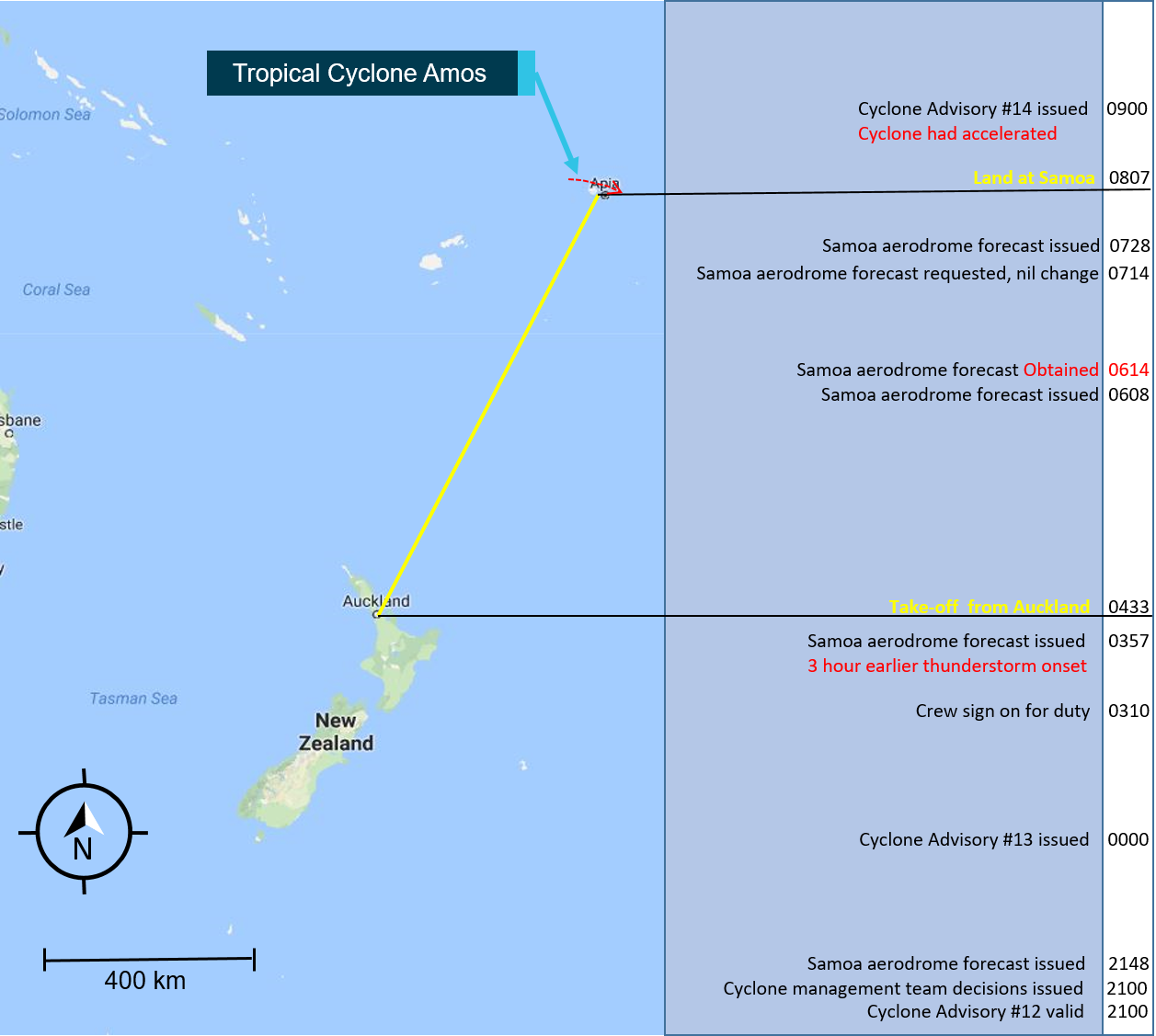 Figure 3: Image of the flight and the weather information available at different times.<br />
Source: Google maps, annotated by the ATSB