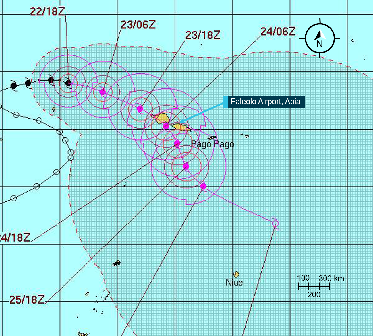 Figure 4 : JTWC Cyclone Advisory No. 12, issued 2100 on 22 April – the forecast provided to the flight crew. The four-digit number gives the date and hours in UTC (Z) when the cyclone was forecast to be in that location. The concentric circles are isotachs - lines of constant wind speed surrounding the cyclone.<br />
Source: JTWC, annotated by the ATSB