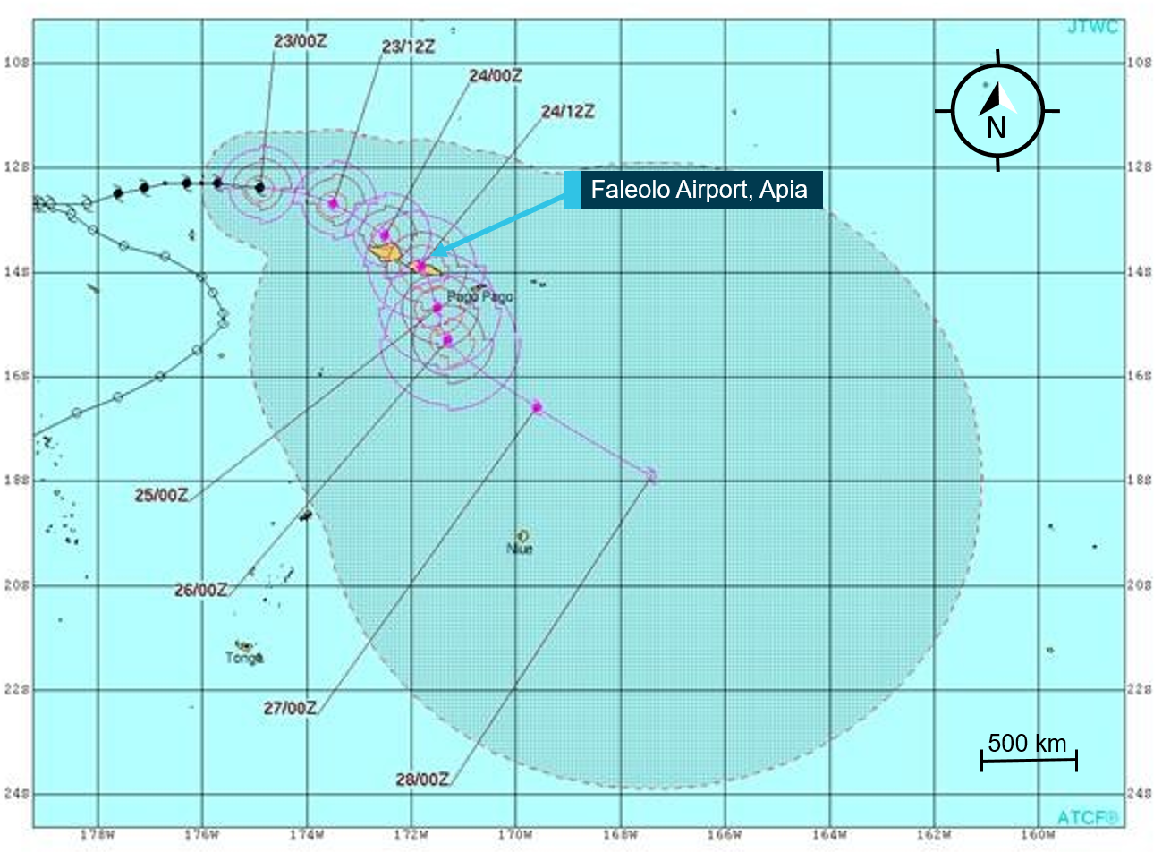 Figure 5: JTWC Cyclone Advisory No: 13, issued 0000 23 April – the last forecast issued before the incident.<br />
Source: JTWC, annotated by the ATSB