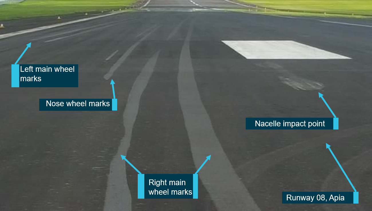 Figure 7: Runway 08 surface marks and nacelle paint transfer.<br />
Source:  Operator, annotated by the ATSB