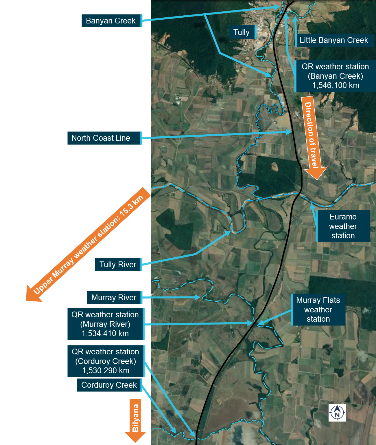 Figure 7: Position of rivers, creeks, and weather stations near Tully.<br />
Source: Google earth, annotated by ATSB