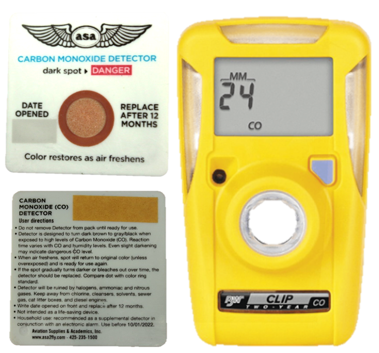 Passive chemical spot detector as carried in VH-NOO (L) with example BWC2R-M1025 active digital CO detector (R) (Source: ATSB)