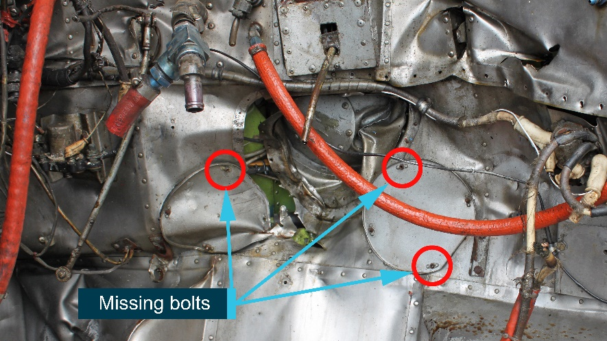 Accident aircraft’s engine firewall showing the location of missing bolts. Source: ATSB