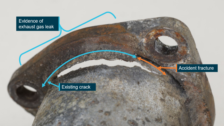 Accident aircraft’s engine exhaust crack. Note pre-existing crack spread and widened during the impact. Source: ATSB