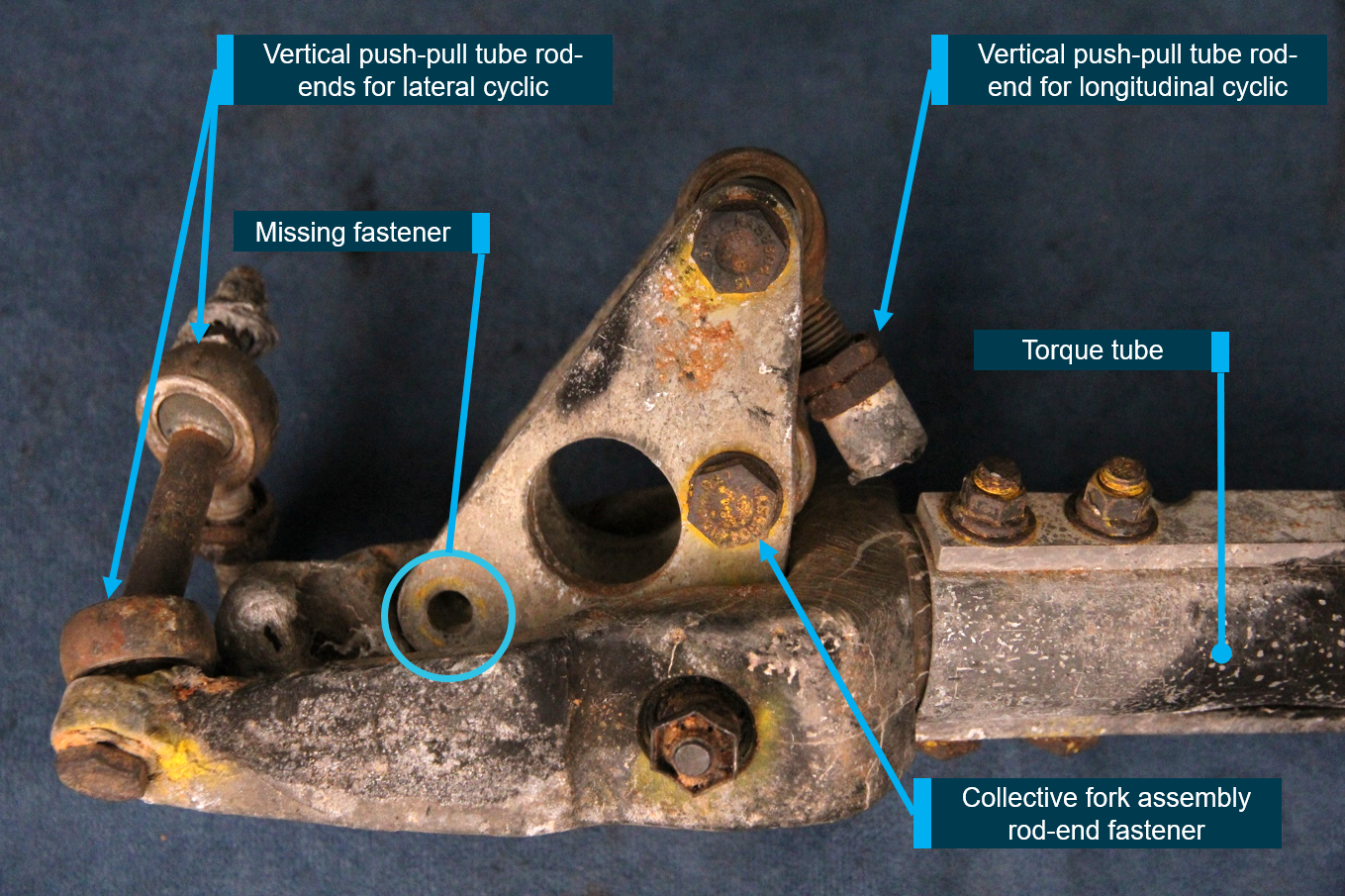 Figure A3: Side view of the bellcrank as received, location of missing fastener circled.<br />
Source: ATSB