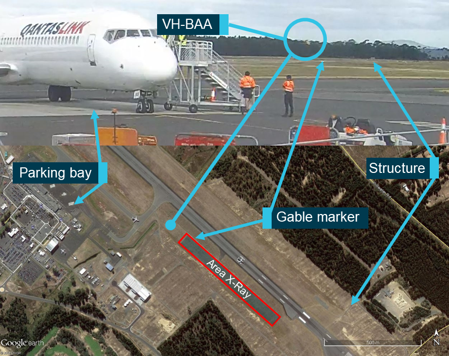 Figure 14: Apron CCTV point of view.<br />
Source: Hobart Airport, Google Earth, annotated by the ATSB