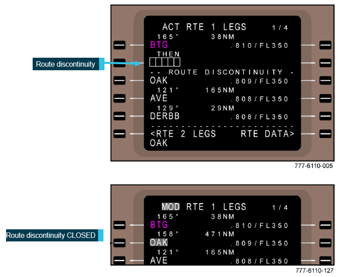 Figure 3: Example of a route discontinuity displayed via the B777 FMC LEGS page.<br />
Source: Boeing B777 supplementary procedures (via United Airlines)
