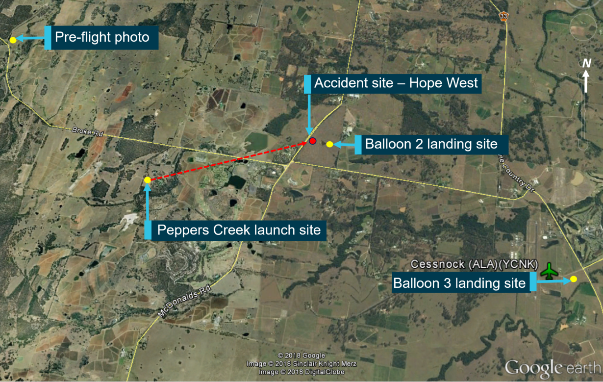 Figure 1: Map of the area showing launch and landing sites.<br />
Source: Google Earth annotated by ATSB