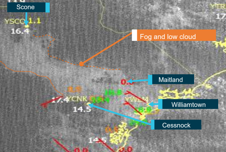 Figure 7: Satellite imagery showing a band of fog and low cloud at 0700.<br />
Source: Bureau of Meteorology annotated by ATSB