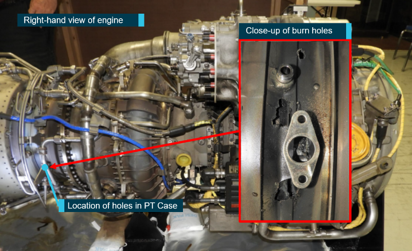 Figure 1: Right-hand view of engine with burn holes indicated.<br />
Source: GE – annotations by ATSB