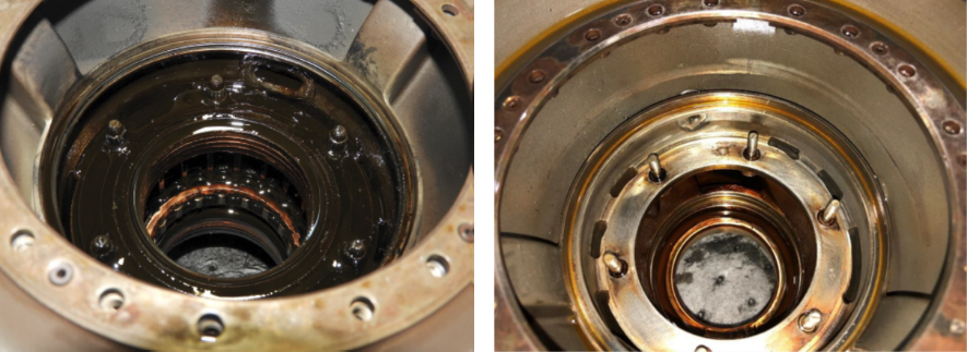 Figure 4: The coking within the B-sump of the occurrence engine (left) in comparison to the condition of a typical engine (right).<br />
Source: GE