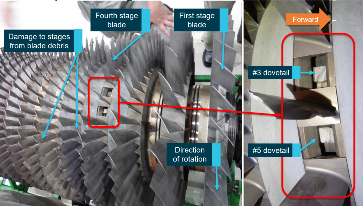 Figure 4: Disassembled engine showing fractured dovetails within fourth stage.<br />
Source: Evergreen Aviation Technologies Corporation annotated by ATSB