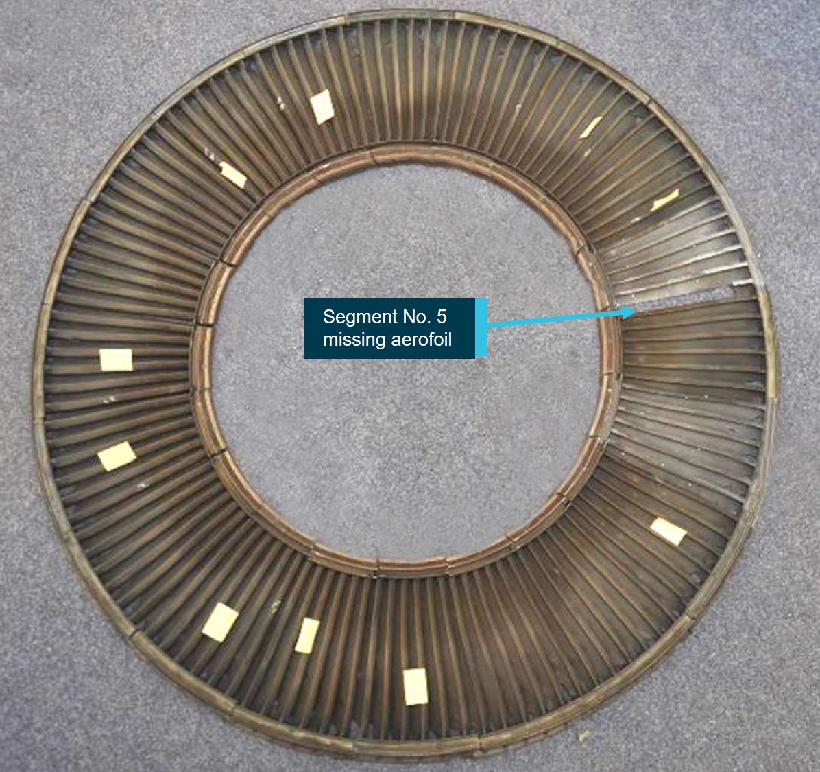 Figure 2: Low-pressure turbine stage four NGV assembly with segment No. 5 showing loss of aerofoil.<br />
Source: Supplied by the operator and annotated by the ATSB