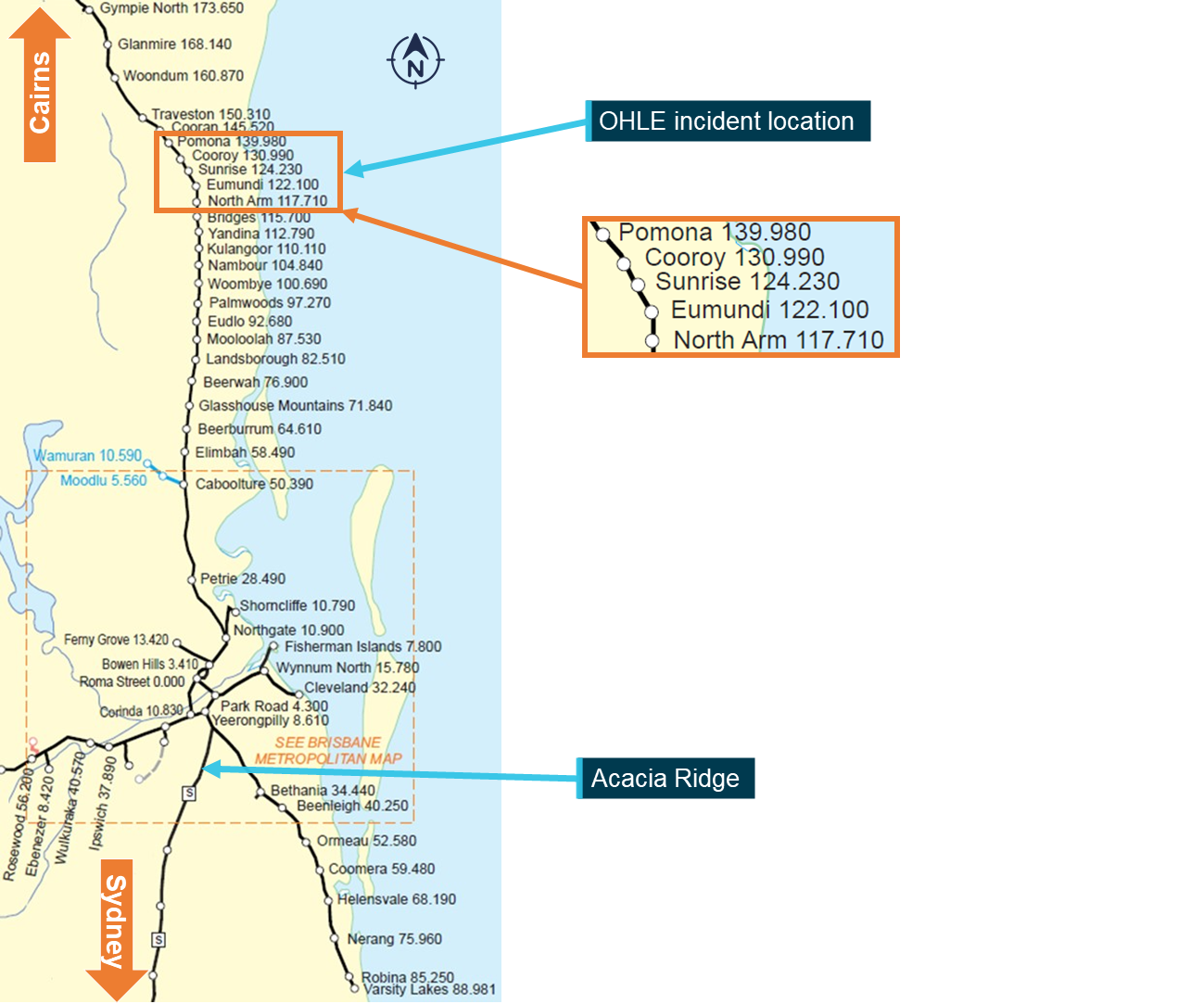 Figure 1: Brisbane rail network showing departure point and occurrence location.<br />
The image shows stations and their distance from Roma Street Station in Brisbane.<br />
Source: Queensland Rail, annotated by the ATSB