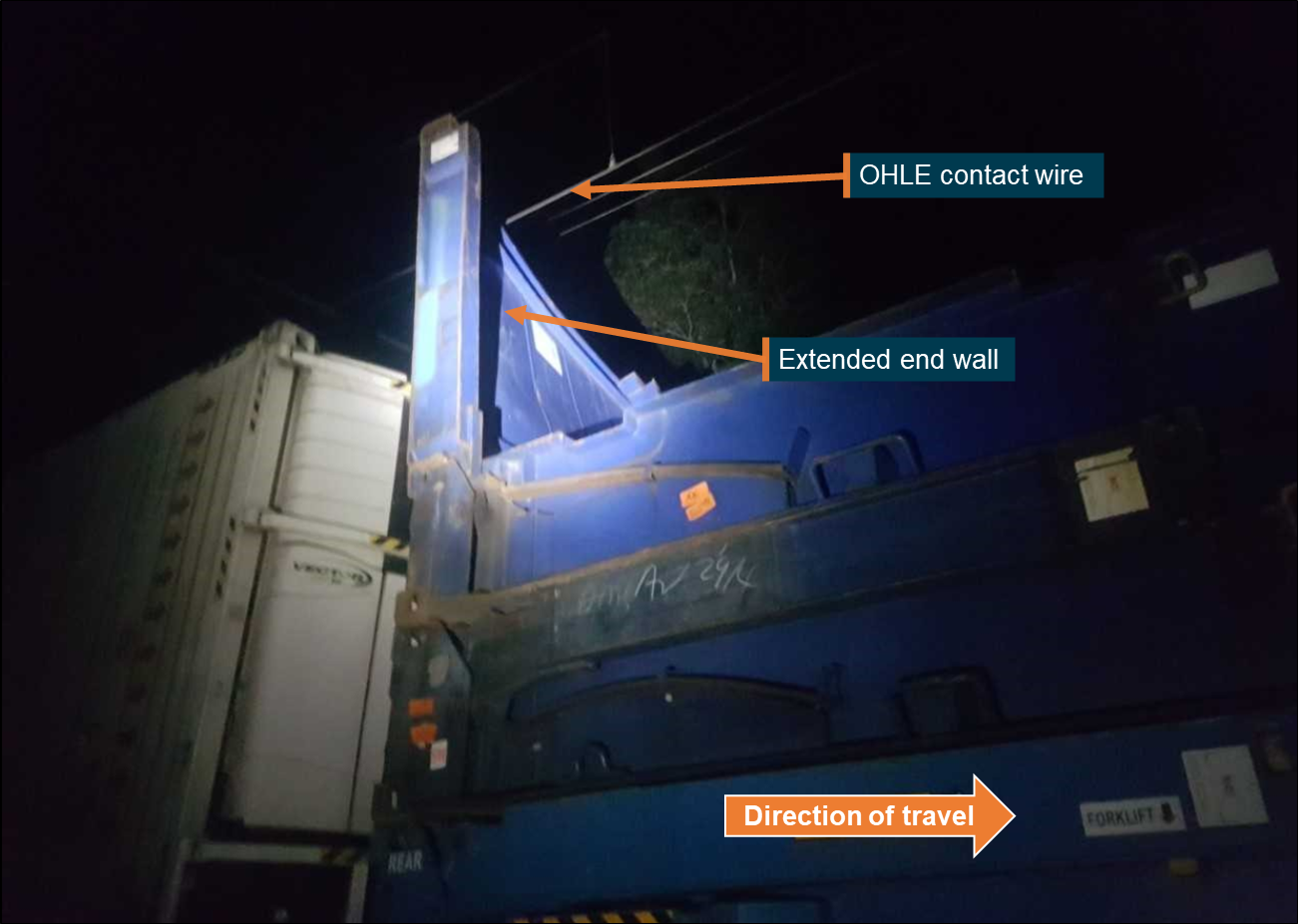 Figure 5: Flat rack end wall in the extended position in close proximity to the OHLE.<br />
Source: Queensland Rail