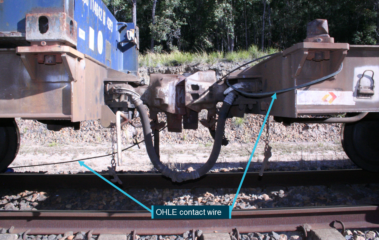 Figure 10: Part of train YC77 showing OHLE wires in contact with the train.<br />
Source: ATSB