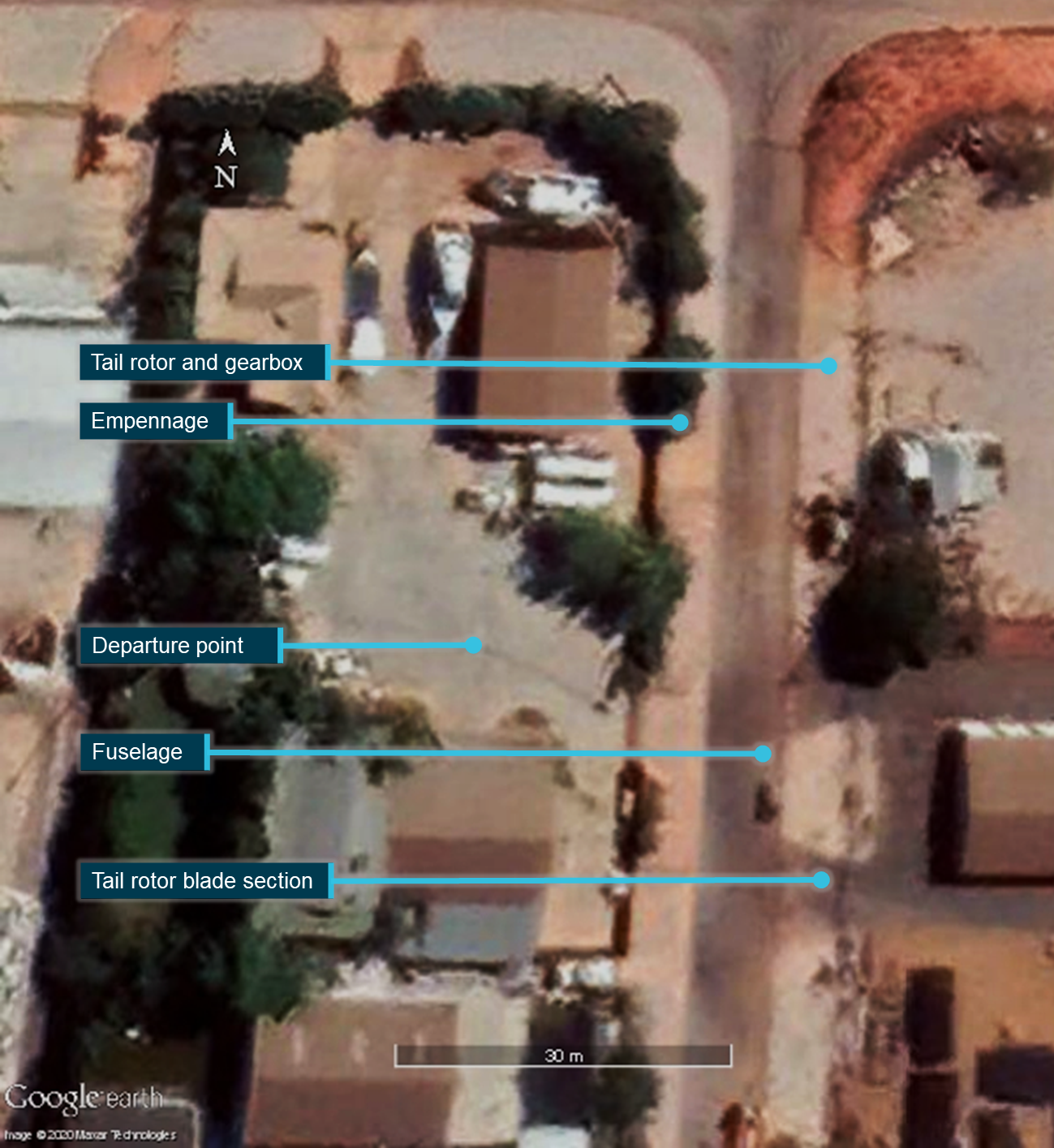 Figure 1: Location of aircraft and components following in-flight breakup.<br />
Source: Google Earth, annotated by the ATSB