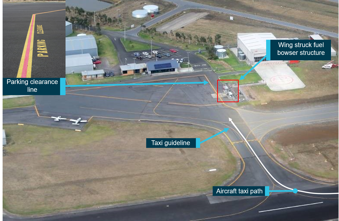 Figure 1: Warrnambool Airport apron markings.<br />
Source: Google annotated by the ATSB