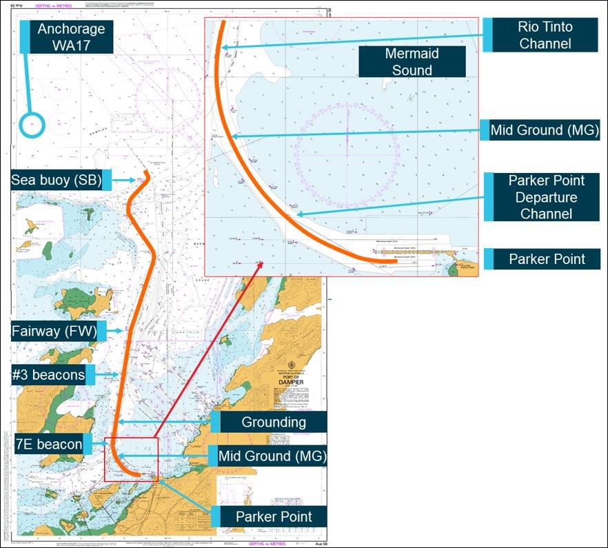 Figure 7: Navigation chart Aus58 of the Port of Dampier showing the track from Parker Point to sea. Inset shows part of navigation chart Aus60 with detail from Parker Point.<br />
Source: Australian Hydrographic Service, annotated by the ATSB