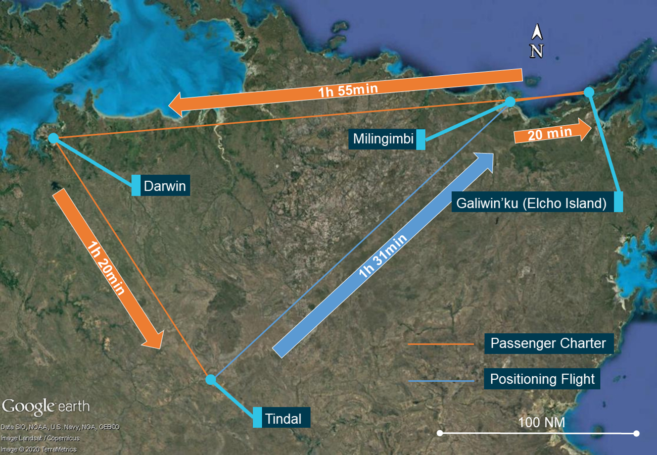 Figure 1: Charter flight route for VH-SJW.<br />
Source: Google Earth, annotated by the ATSB