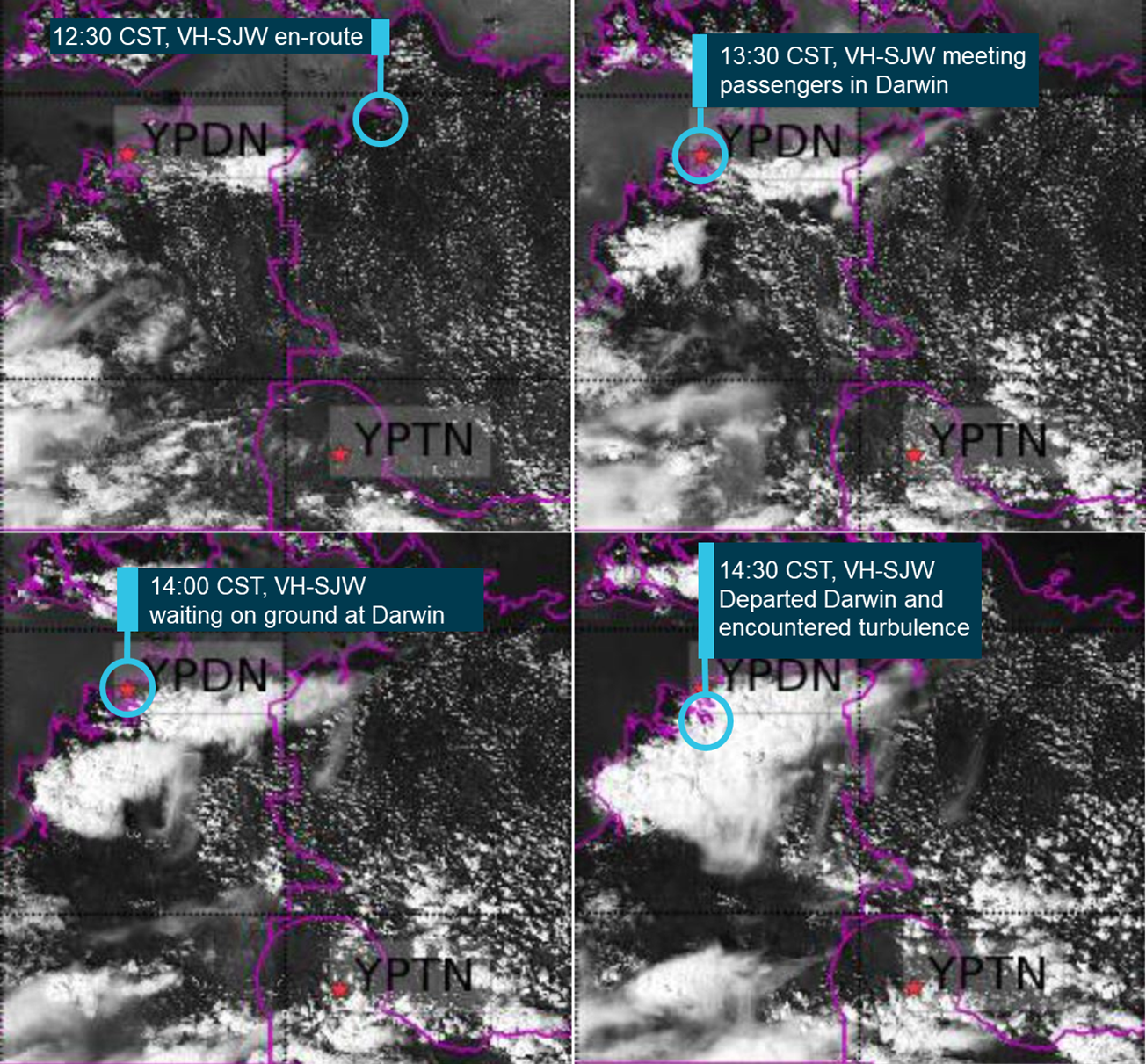 Figure 4: Satellite images of thunderstorm development at the time.<br />
Source: Bureau of Meteorology annotated by ATSB