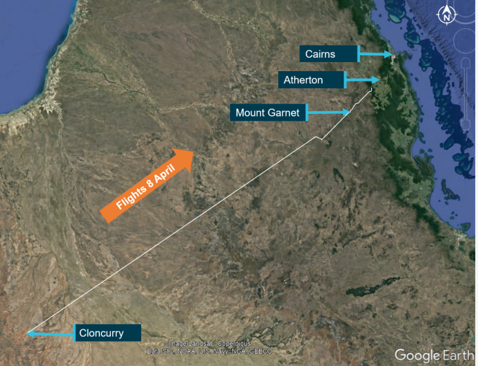 Figure 1: Map of Queensland locations relevant to the occurrence showing the approximate track of VH-DJN on the accident day.<br />
Source: Google Earth and aircraft GPS, annotated by ATSB