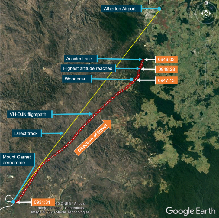 Figure 2: Recorded flightpath of VH-DJN (red) and direct track (yellow).<br />
Source: Google Earth overlaid with aircraft’s recorded GPS track, annotated by ATSB