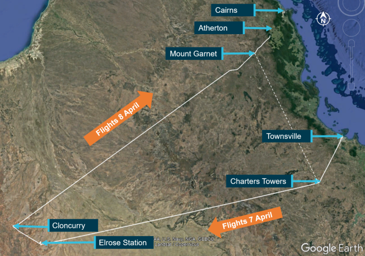 Figure 4: Map of Queensland locations relevant to the occurrence and previous day’s flights including the aircraft track.<br />
Source: Google Earth and aircraft GPS, annotated by ATSB