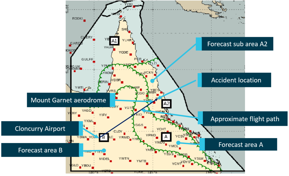 Figure 5: Image from the graphical area forecast for area QLD-N issued at 0831 and valid from 0900 to 1500 EST.<br />
Source: Bureau of Meteorology, annotated by ATSB