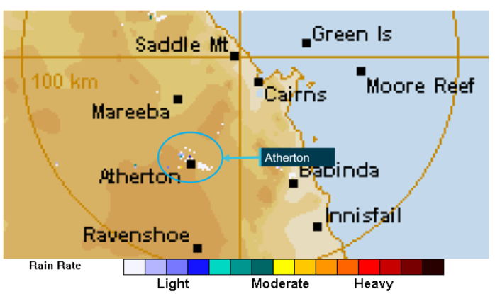 Figure 6: Weather radar image from Cairns at 0951 showing light rain in Atherton.<br />
Source: Bureau of Meteorology, annotated by ATSB