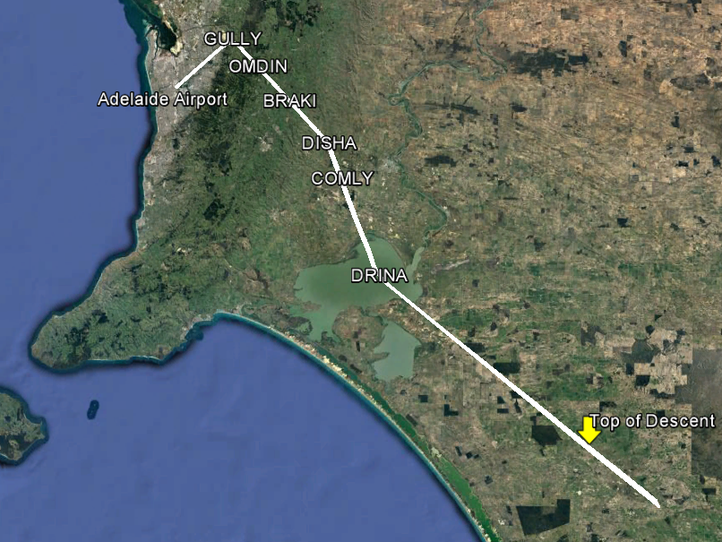 Figure 1: Flight path of VH-VUE with DRINA NINE ALPHA STAR waypoints overlaid.<br />
Source: Google Earth, with aircraft track and Airservices Australia waypoint information overlaid by ATSB