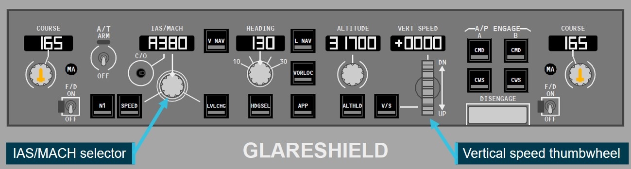 Figure 3: 737 mode control panel.<br />
Source: Boeing 737 FCOM. Annotated and cropped by ATSB. Copyright Boeing.