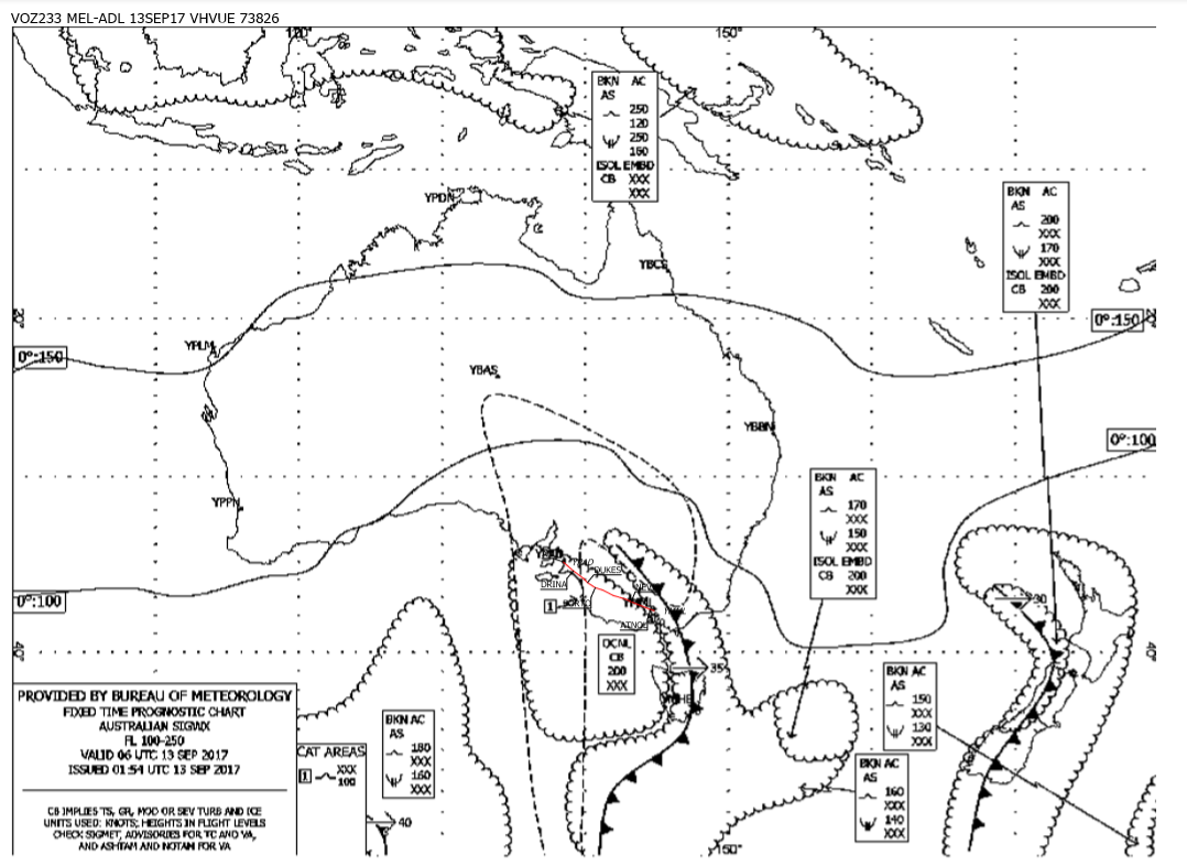 Appendix C: Significant weather chart for Australia, FL 100-250. This chart was valid 0600 UTC and used for operations three hours either side of that time. The red line shows the flight planned route of VH-VUE. A body of clear air turbulence is indicated by the long-dash line, and affects the planned route, to the west of the 140° meridian of longitude.<br />
Source: Virgin Australia, originally produced by Bureau of Meteorology