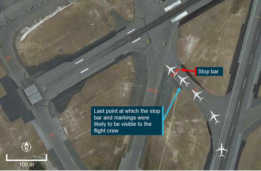 Figure 9: Last point when stop bar was visible from flight deck of VH-XZM.<br />
Source: Google Earth, modified by ATSB.