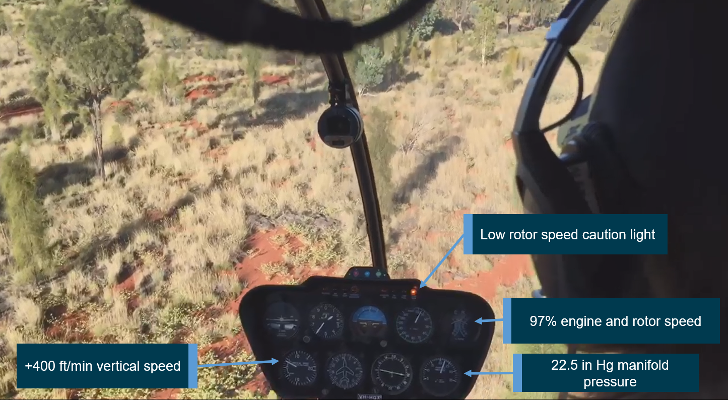 Figure 1: Activation of low rotor RPM warning.<br />
Source: Passenger, annotated by the ATSB