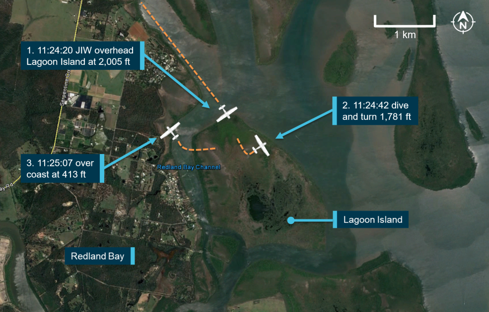 Figure 1: VH-JIW’s flight path, dive and recovery as derived from radar data.<br />
Source: Google Earth, modified by the ATSB