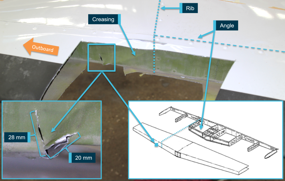 Figure 3: Leading edge removed showing cracking to internal structure.<br />
Source: ATSB and Cessna, annotated by the ATSB