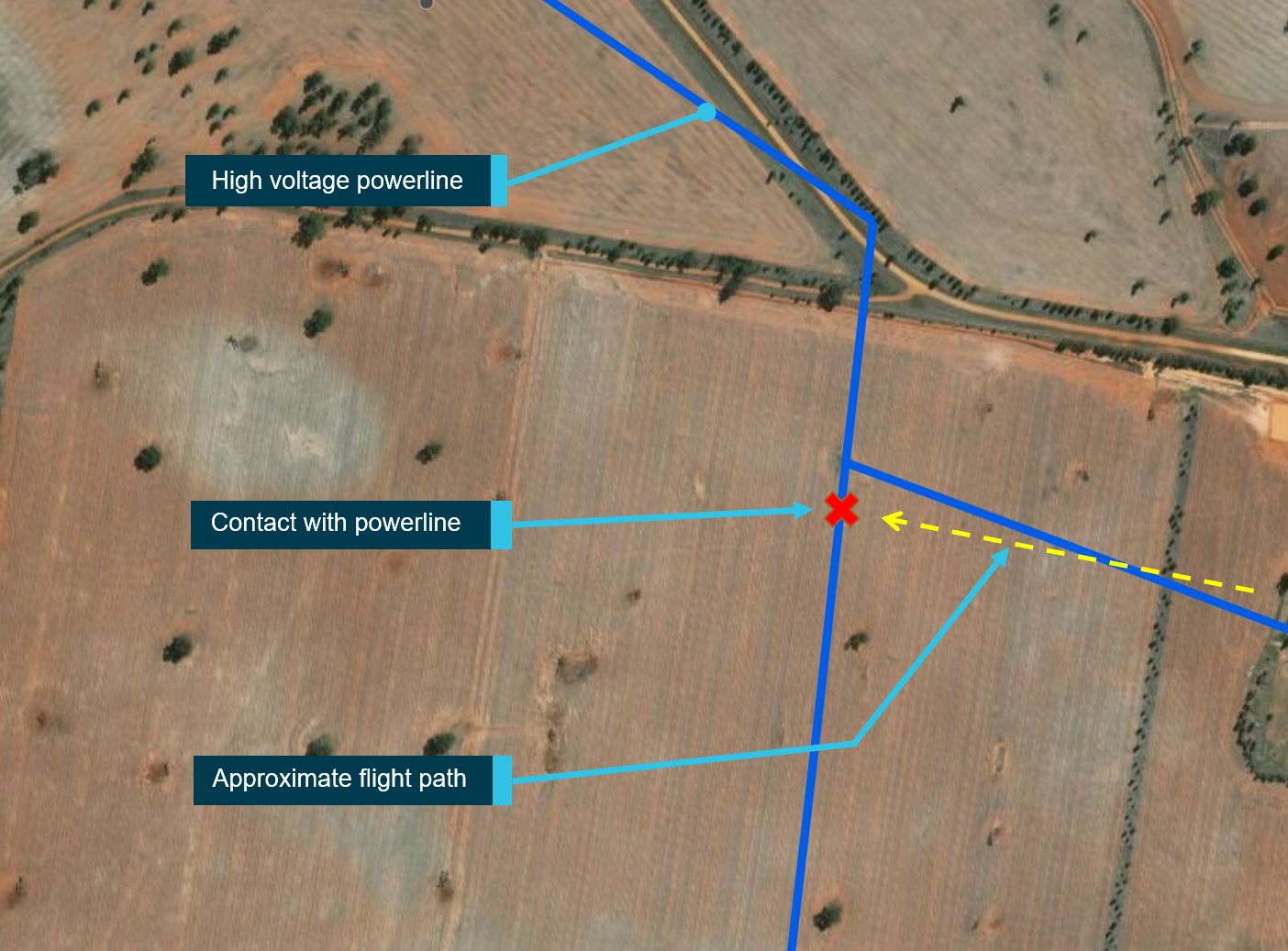 Figure 1: Flight path and powerline location.<br />
Source: Look up and live web application. Annotated by the ATSB.