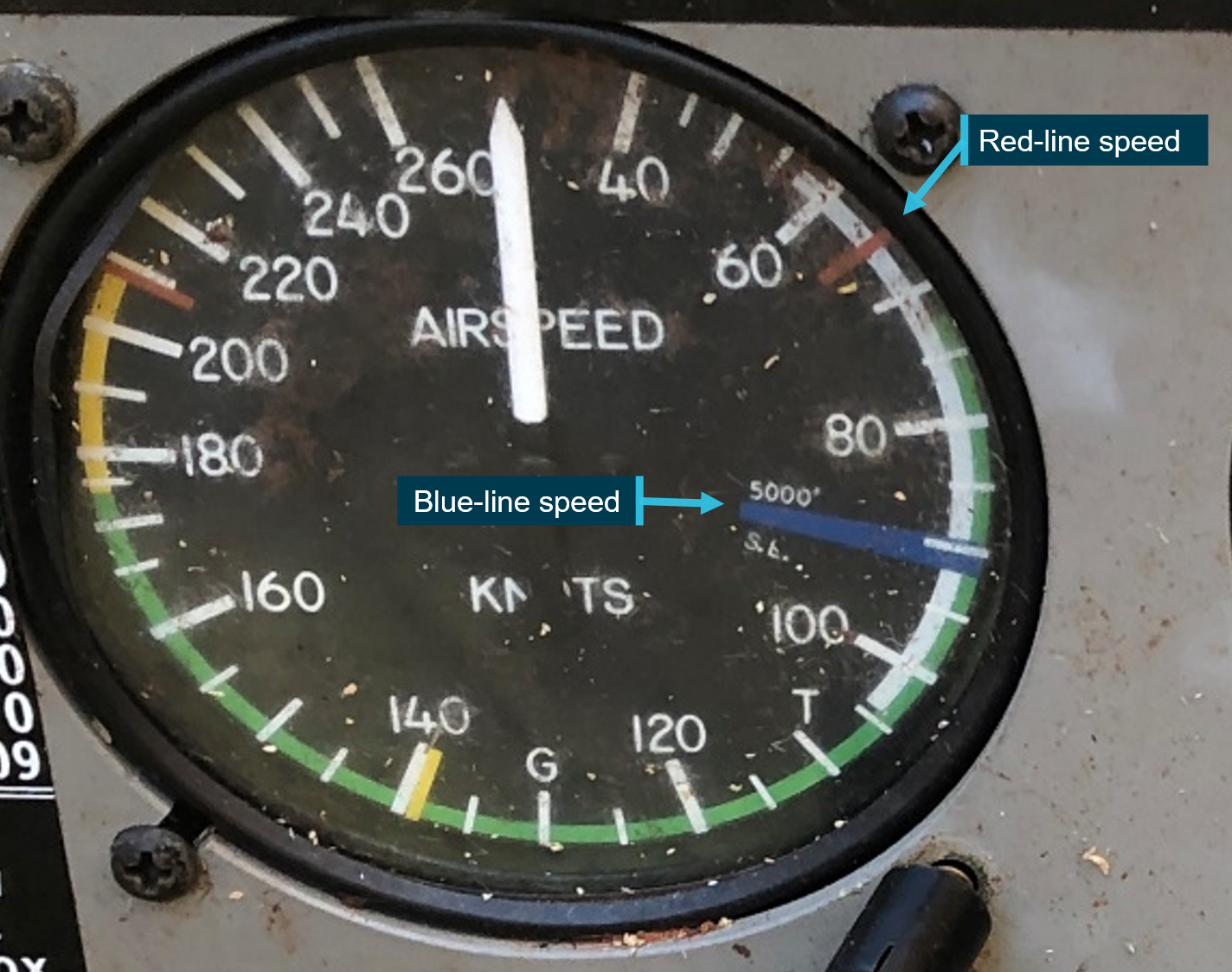 Figure 3: Airspeed indicator from VH-IAZ showing red-line (VMC) and blue-line (VYSE) speeds.<br />
Source: VH-IAZ annotated by ATSB