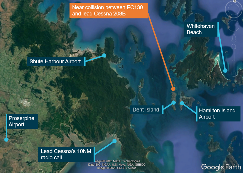 Figure 1: Extract of Google Earth showing relevant positions.<br />
Source: Google Earth – annotated by ATSB