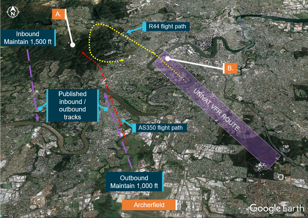 Figure 1: Archerfield arrivals and departures.<br />
Source: Google Earth, annotated by ATSB