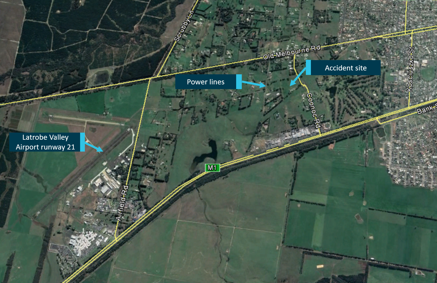 Figure 1: Latrobe Valley Airport and the accident site.<br />
Source: Google Earth annotated by ATSB