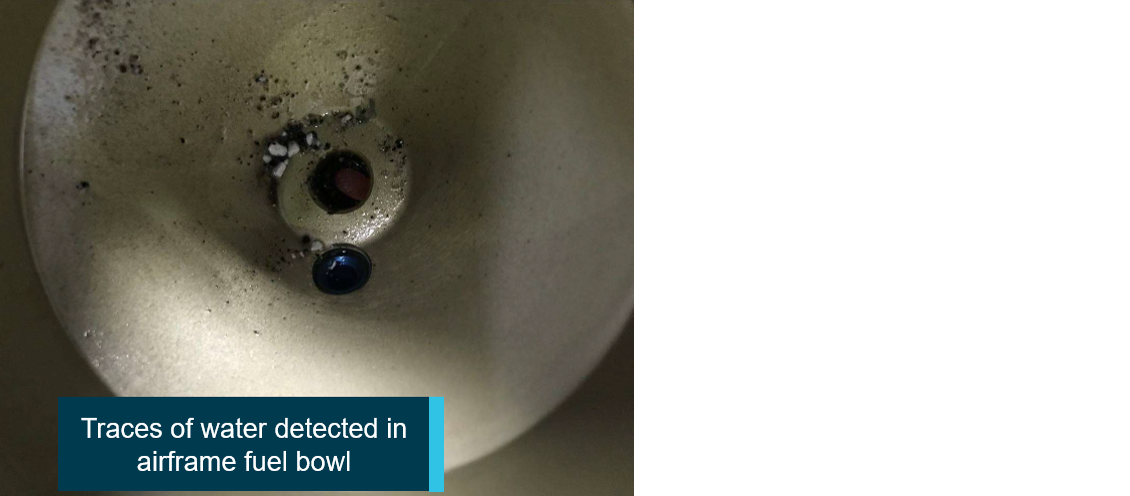 Figure 4: Photographs of water detected in the fuel system.<br />
Source: Provided by aircraft insurer, annotated by ATSB