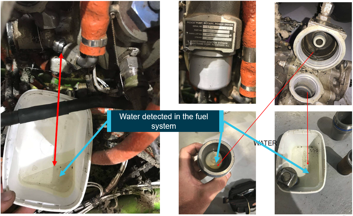 Figure 4: Photographs of water detected in the fuel system.<br />
Source: Provided by aircraft insurer, annotated by ATSB