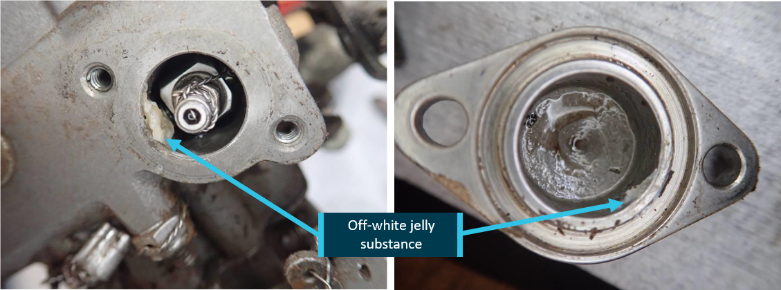 Figure 6: Contamination within the fuel control unit.<br />
The photograph on the left shows the off-white jelly substance detected within the fuel section of the torsion shaft. The photograph on the right shows the same substance detected in the ratio lever cap.<br />
Source: Provided by the aircraft insurer, annotated by ATSB