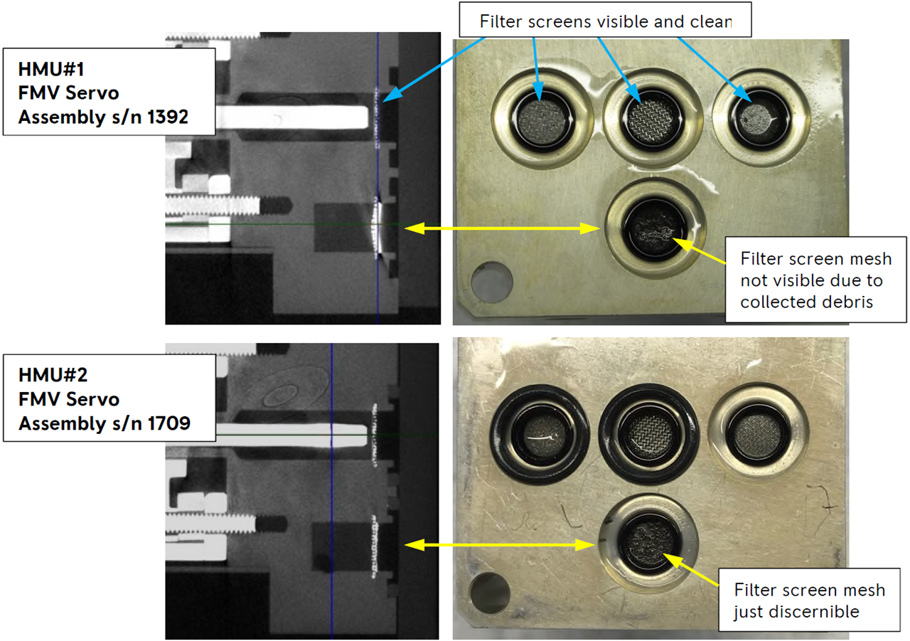 Figure 1: Blocked inlet filters on both FMV servo assemblies.<br />
The build-up of metallic debris was greater on HMU #1. Some deformation can also be observed in the #1 inlet filter x-ray image. Rolls-Royce determined that this was likely due to the high pressure differential caused by the blockage.<br />
Source: Rolls-Royce