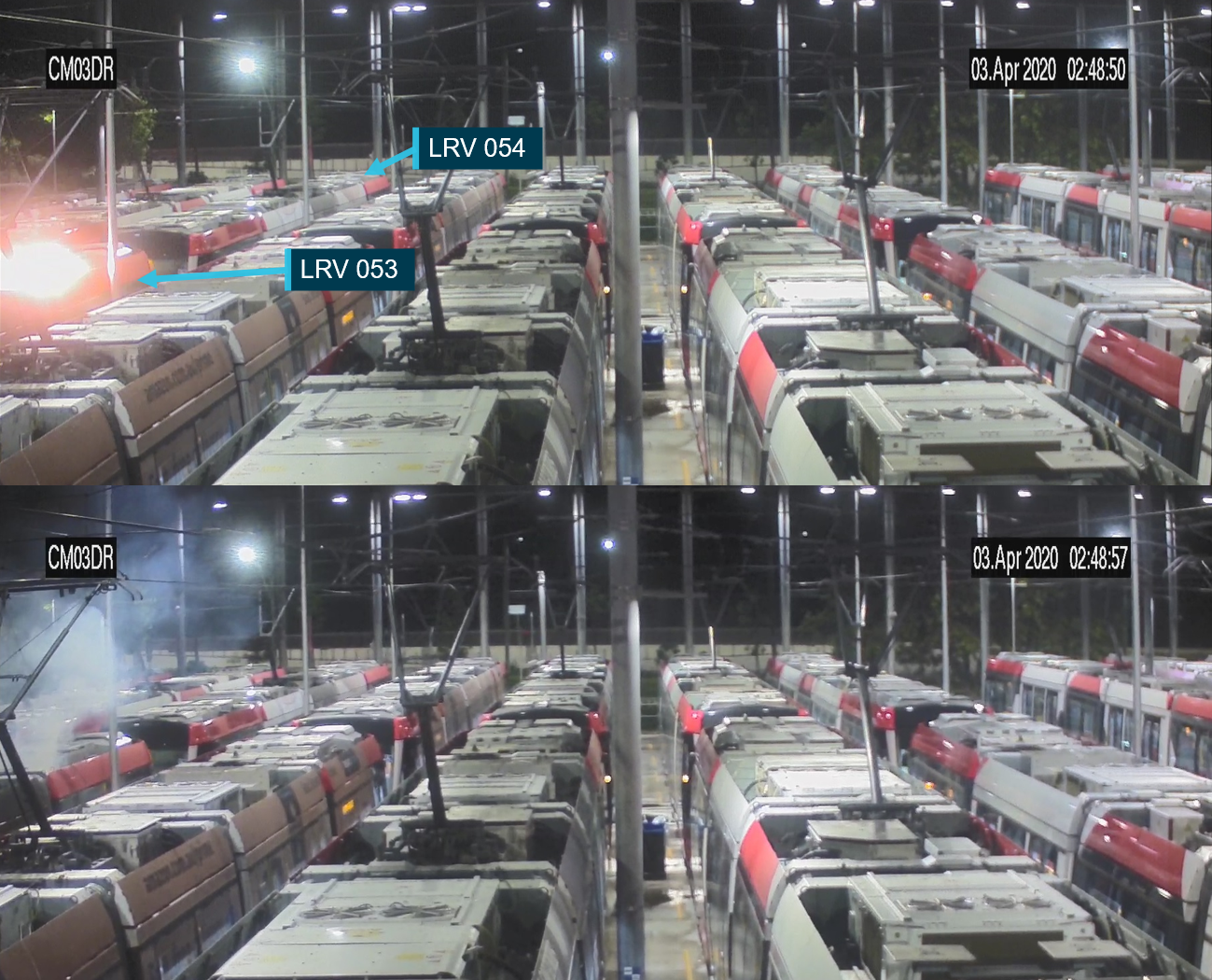 Figure 1: Randwick yard CCTV footage.<br />
The figure shows stills taken from the CCTV at 0248:50 with a flash visible and at 0248:57 showing smoke or vapour emanating from the battery enclosure of LRV 053. The ejected panel struck the overhead contact wire and landed to the left of LRV 053 out of view of camera CM03DR.<br />
Source: Transdev, modified and annotated by OTSI